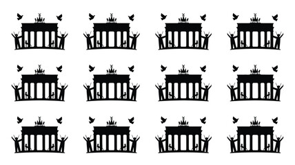 Brandenburg gate silhouettes with doves and cheering people for berlin peace and freedom. © ANTU