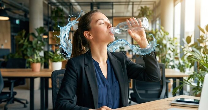 Businesswoman drinking water from a bottle at her office desk with a fresh water splash graphic overlay.
