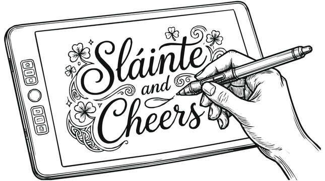 Creative Hand Drawing Sl&aacute;inte and Cheers Irish Lettering on a Digital Graphics Tablet with Shamrock Decorations for Saint Patricks Day