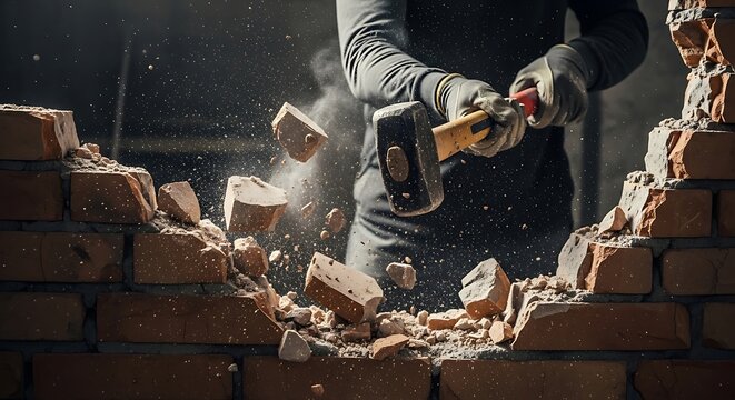Person demolishing a brick wall with a sledgehammer