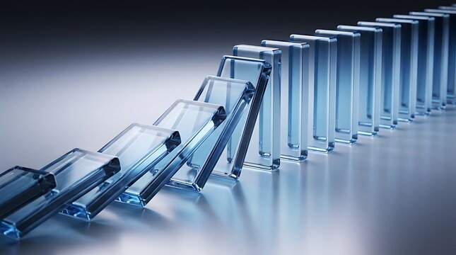 Chain reaction of falling transparent glass dominos on a reflective surface representing business risk cascading failure and strategic consequences