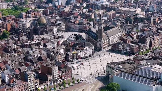 Aerial view beside the old town above the city La Charleroi in Belgium, on a sunny noon in early summer.