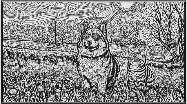 Detailed coloring book page featuring pet eyewear on a corgi and kitten, with dog sunglasses and cat sunglasses in an intricate landscape garden.