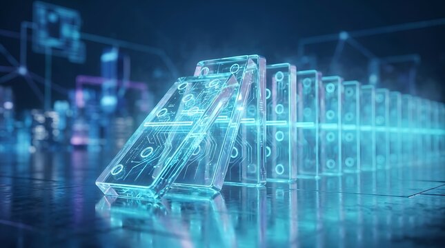 Glowing digital glass dominos with circuit board patterns falling in a chain reaction representing systemic tech failure and cybersecurity cascading risks