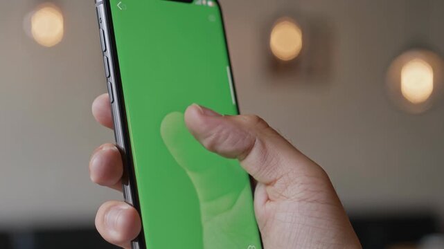Hand holding modern smartphone with green screen for easy keying and customization