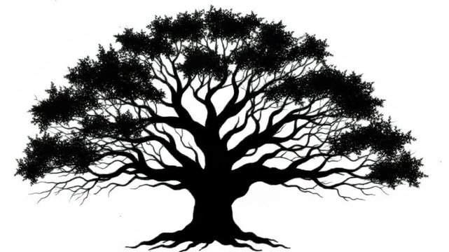 Black silhouette of a tree with sprawling branches isolated on white background