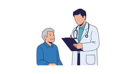 Fototapeta premium Doctor in white coat with stethoscope talking to an elderly patient