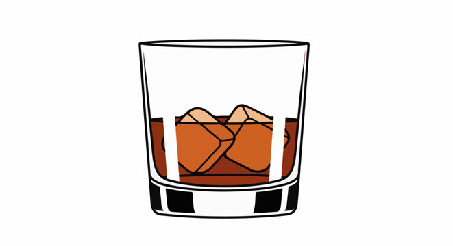 A simplistic, cartoon-like illustration of a glass of amber liquid with ice cubes