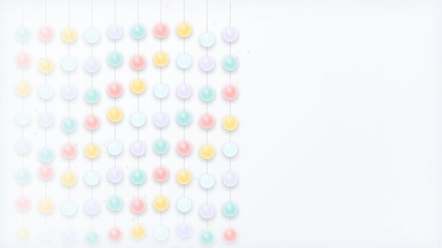 Pastel Colored Circular Paper Decorations Hanging in Rows on a Clean White Background with Copy Space for Creative Design Projects