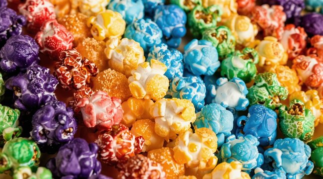 Brightly colored popcorn assortment in rainbow hues. Close-up view of fun sweet snack food with unique textures, perfect for parties and celebrations. Tasty treats.