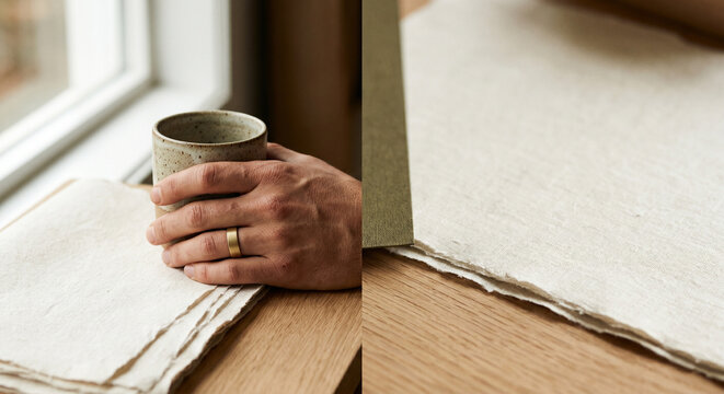 Hands holding a ceramic cup on a stack of handmade paper with textured deckled edges