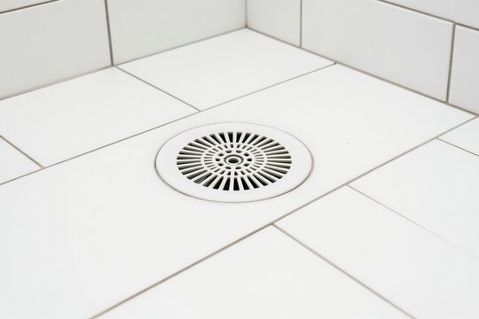 Close up view of clean white bathroom floor. Ceramic tiles form grid pattern around circular ventilation grate. Modern design shows minimalist style with glossy surface. Suitable for interior