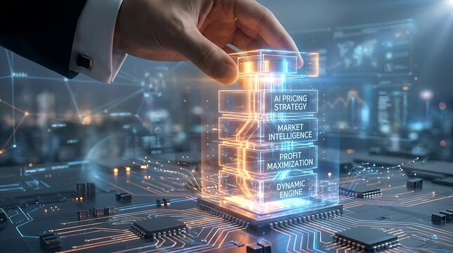 Hand building holographic data stack representing AI pricing strategy market intelligence and dynamic profit maximization on futuristic microchip