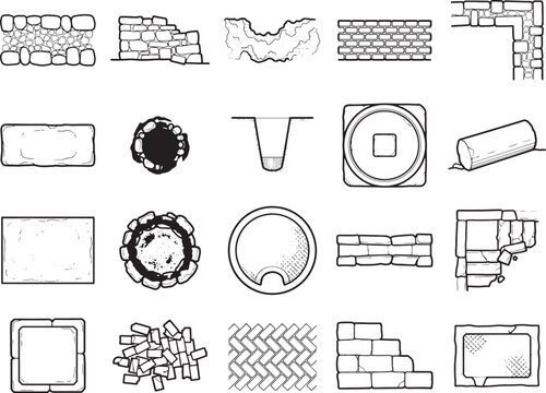 A collection of hand-drawn architectural elements, including various stone walls, bricks, and foundation shapes, presented as a clean graphic resource.