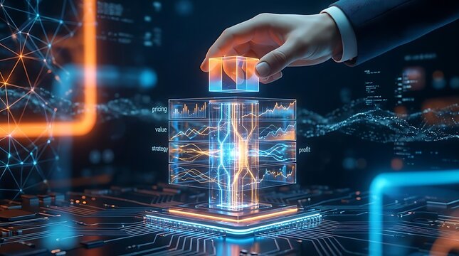 Hand placing glowing data cube on futuristic glass block with business charts representing pricing value strategy and profit on electronic circuit board