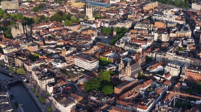 Aerial view beside the old town above the city Kortrijk in Belgium, on a sunny afternoon in early summer.