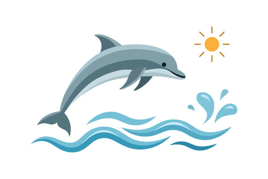 Dolphin jumping out of ocean water vector illustration with sea waves and sun