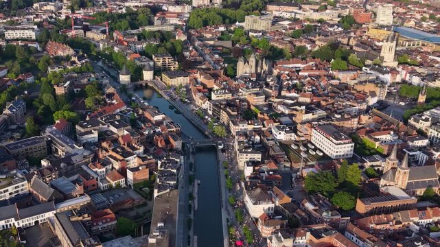 Aerial view beside the old town above the city Kortrijk in Belgium, on a sunny afternoon in early summer.