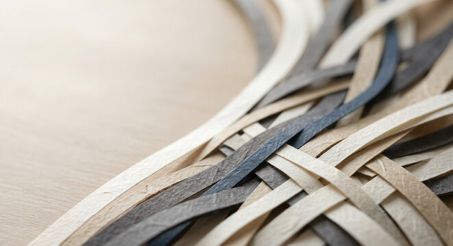Close-up of interwoven textured paper strips in neutral tones