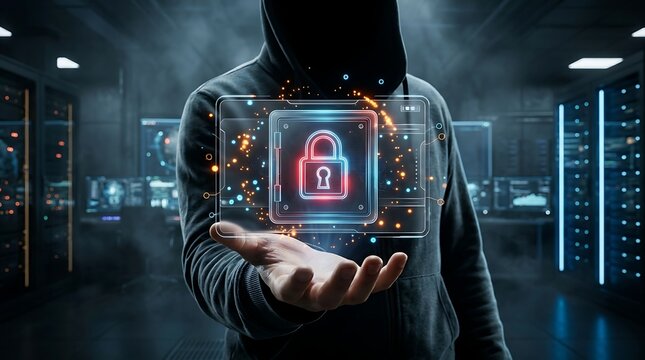 Anonymous hooded hacker holding glowing digital padlock hologram representing secure data encryption or cyber threat in dark environment