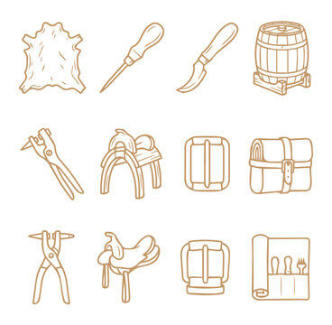 Set of twelve linear representing leatherworking tools and accessories including animal hides awls knives barrels saddles buckles and pouches