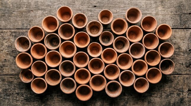 terracotta pot arrangement, a collection of small terracotta pots arranged in a charmingly uneven pattern
