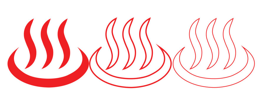Japanese hot spring onsen icons, red thermal bath symbols with steam, traditional spa and sauna vector set for travel maps and signage