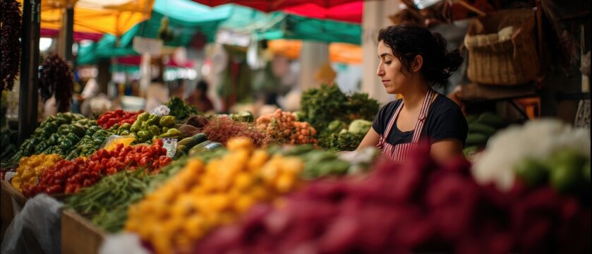 Woman merchant working behind counter at local farmers market. Young female vendor selling fresh organic vegetables and produce. Small business, healthy food trade and retail concept.