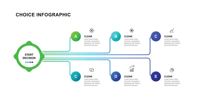 Creative choice infographic layout starting path splits into five parallel decision tracks options text design presentation workflow concept