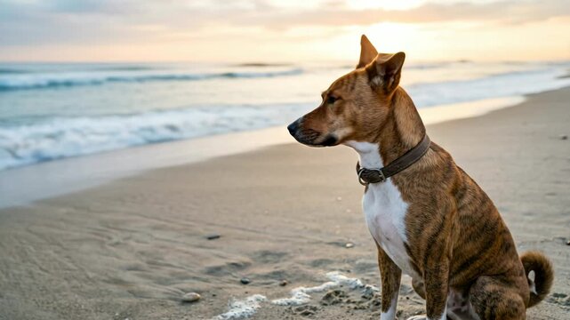 basenji mix dog beach close up morning light coastal portrait video