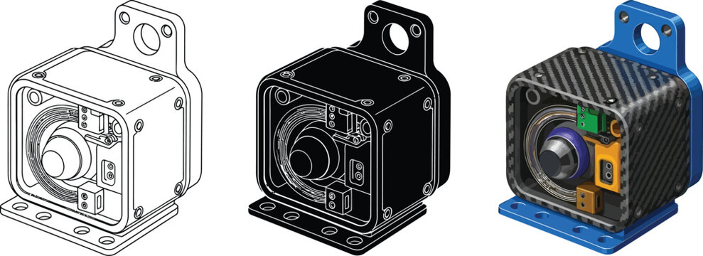 Rugged industrial camera module depicted in detailed vector illustrations including line art silhouette and a full-color render perfect for machine vision and embedded systems