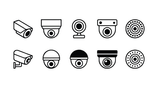 A set of 12 black and white icons arranged in two rows showcasing various security camera designs
