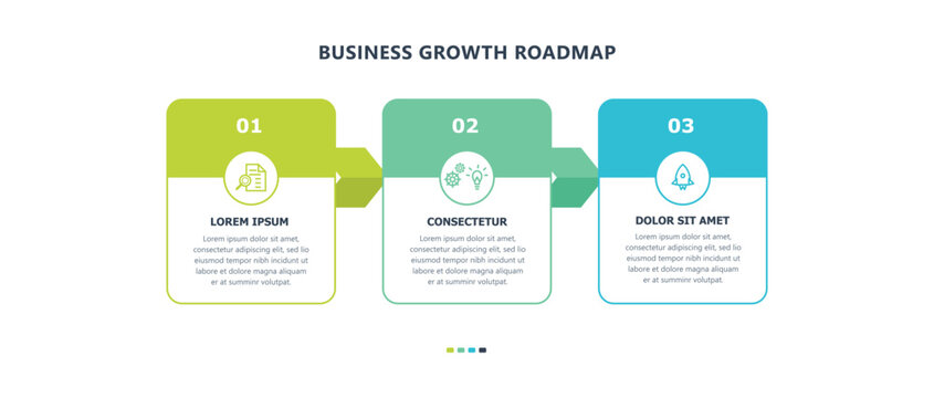 Business growth roadmap infographic template with three steps horizontal workflow diagram presentation layout block options design vector