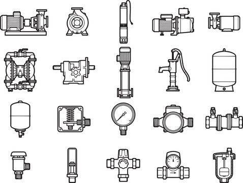 A collection of industrial pump and valve illustrations, showcasing various types of water pumps, pressure gauges, and pipeline components.
