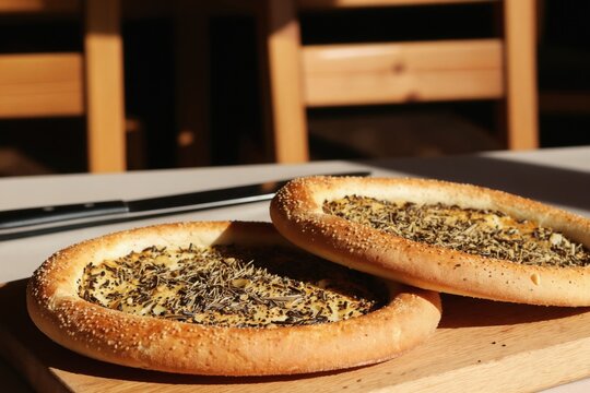 Two Turkish tombik buns with sesame and herb toppings rest on wooden board. These fresh baked breads await stuffing for traditional doner meal. Soft light highlights crusty texture of flatbread.