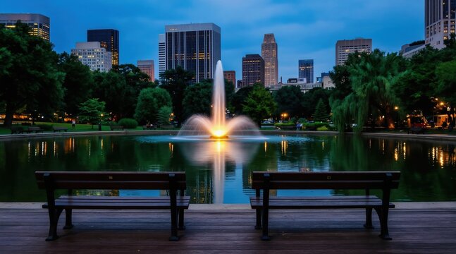 City park fountain at twilight with illuminated skyscrapers reflecting in water. Empty benches overlook serene pond, tranquil atmosphere. Relaxing urban landscape offers peaceful evening view.