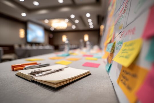 Open notebook and pens on a table with sticky notes on a whiteboard in a conference room. Business meeting brainstorming session. Planning, project management and strategy concept.