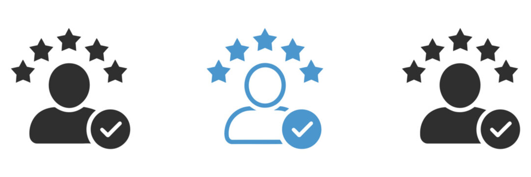 User account with five stars rating review icon set concept for customer review system feedback rating profile evaluation and service quality approval