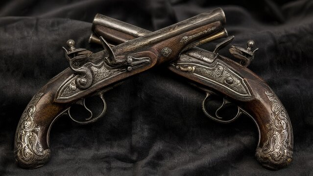 Two antique flintlock pistols crossed with intricate metal inlay.