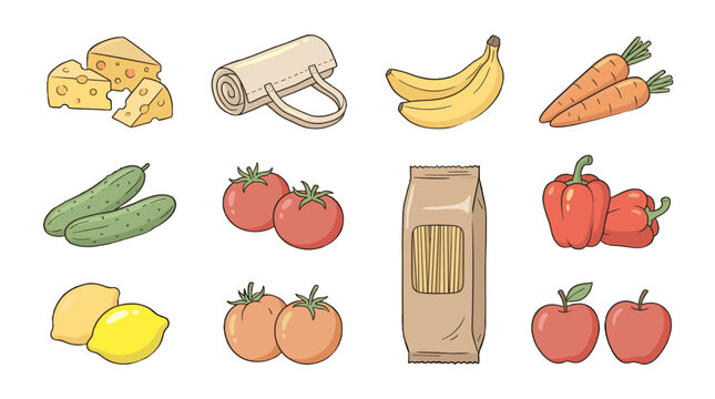 Hand drawn grocery food icons with fruits, vegetables, cheese and pasta