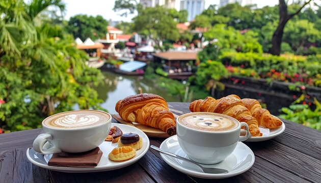 Croissants & coffee with latte art, river views, & lush vegetation create a serene, inviting outdoor setting