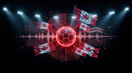 Obraz premium Abstract digital art featuring a glowing red soccer ball, Canadian flags, sound waves, and a complex energy grid on a black background with stadium lights