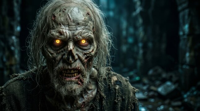 Creepy zombie with decaying skin and tattered clothes in a dimly lit cemetery setting, featuring eerie contact lenses. Halloween monsters, makeup and costumes for the holiday, scary