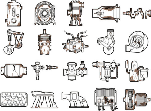 A collection of various automotive engine parts, depicted in a vintage, sketchy style, showing wear and tear with rust and cracks.