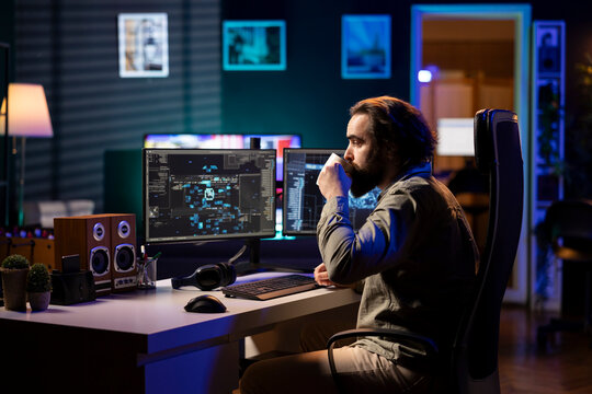 Software developer drinking coffee, watching AI on screen gaining humanoid form and consciousness.