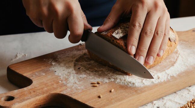 Person slices multigrain bread on wooden board with flour. Hands hold knife preparing fresh baked loaf for meal. Natural grain texture visible on crust. Bakery preparation at home.