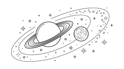 Ringed Planet and Moon Outline Vector Illustration © Dodol Creative Stock
