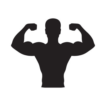 Muscular bodybuilder silhouette vector, strong male athlete flexing biceps, fitness gym logo icon isolated on white background