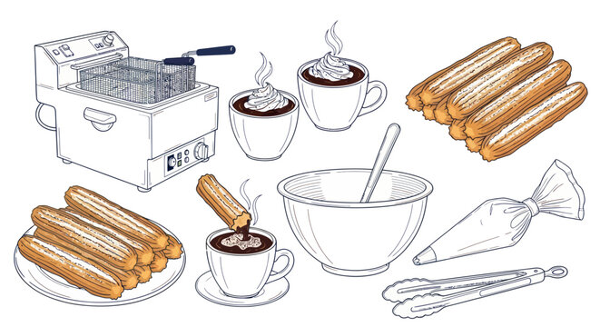 Churros and Hot Chocolate Preparation Clipart Set