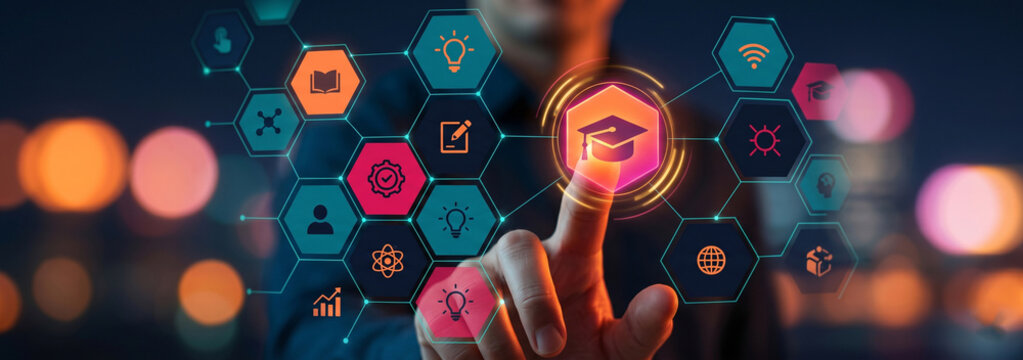 Graduation cap icons with network connections digital technology style
